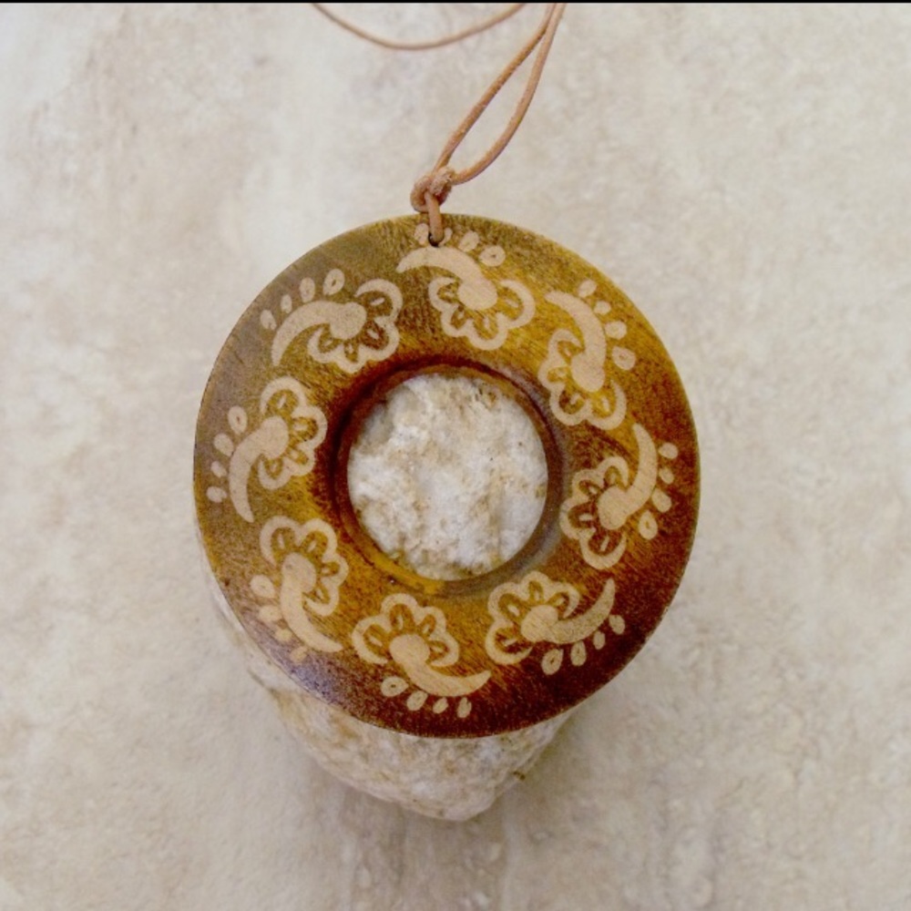teak wood hand painted medallion necklace