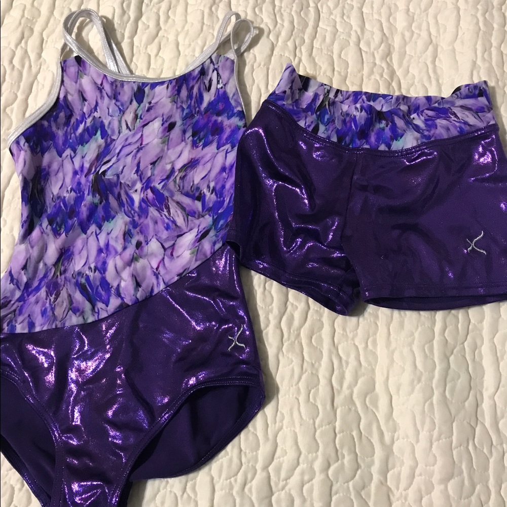 Designer leotard gymnastic outfit with shorts