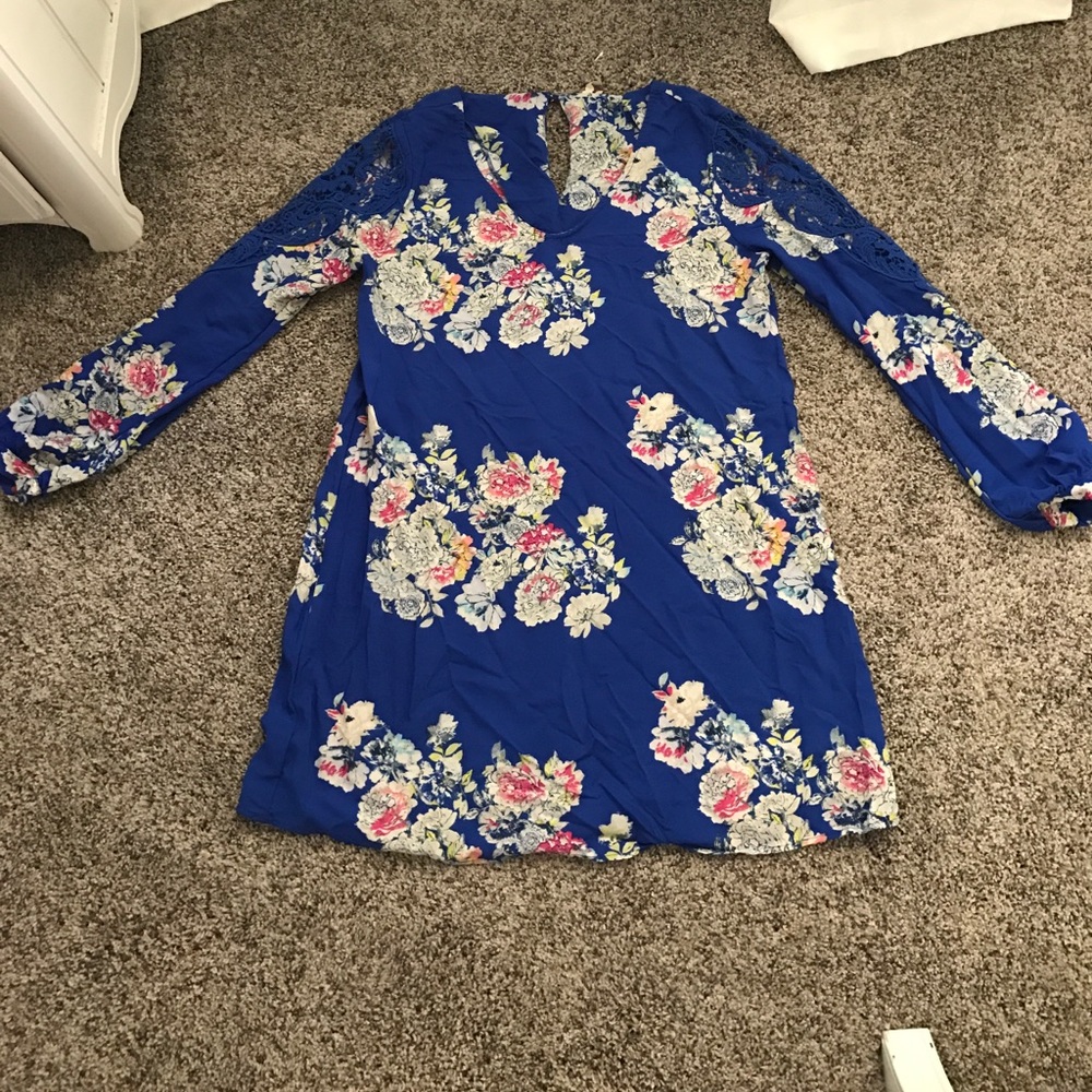 Blue floral dress with crochet detail