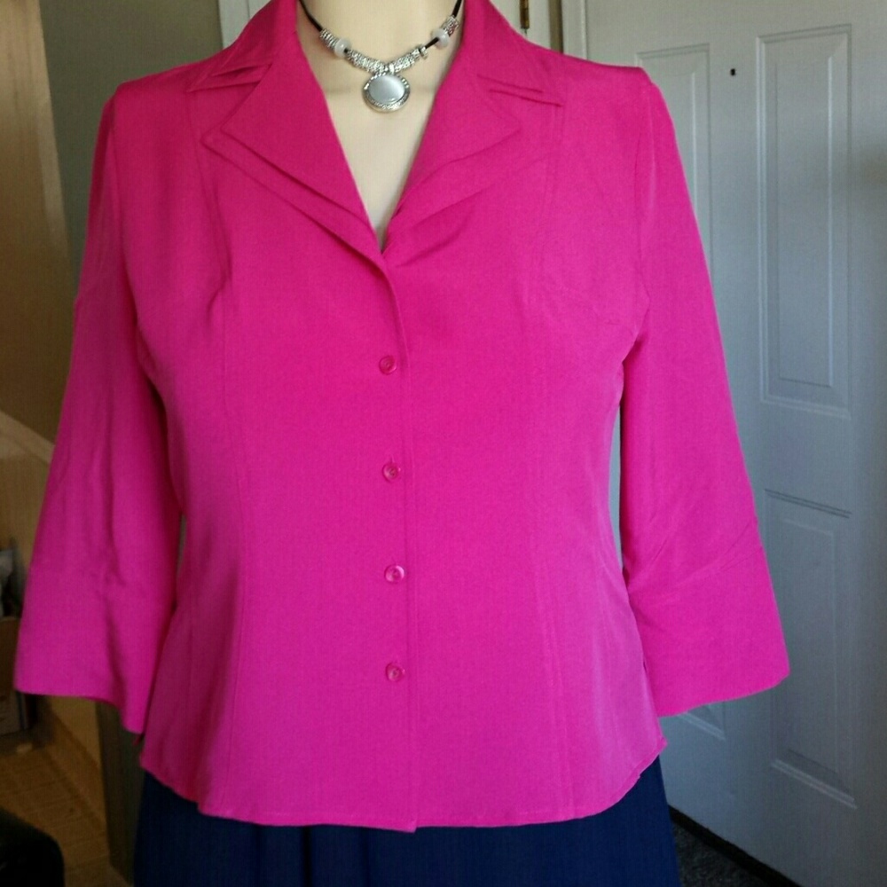 Bright Pink Button Down Blouse with Collar.