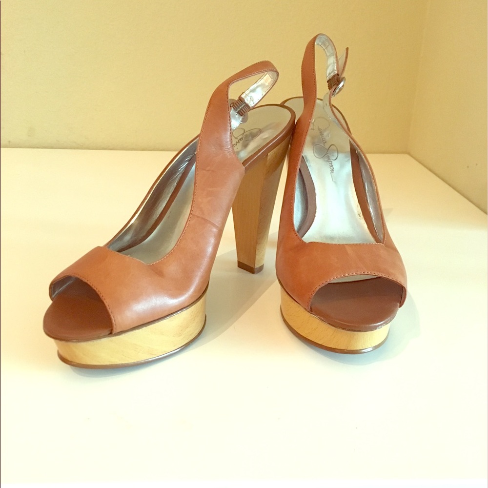 Jessica Simpson tan, platform high heels, size 7
