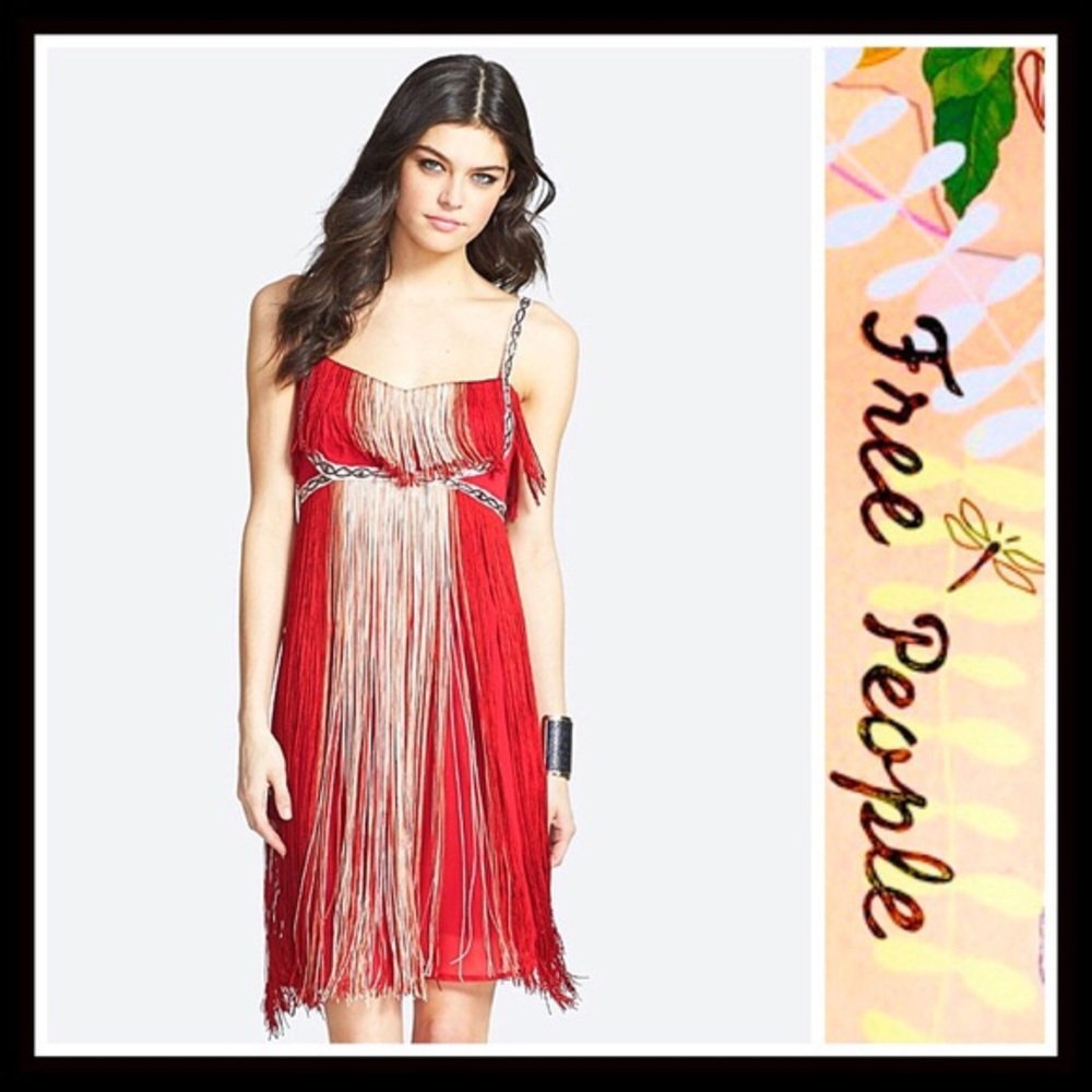 FREE PEOPLE RED FRINGE PARTY DRESS - Picture 3 of 8