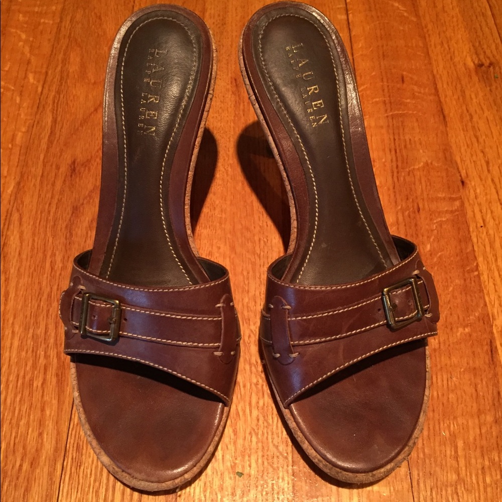 Ralph Lauren brown leather sandals with cork heel