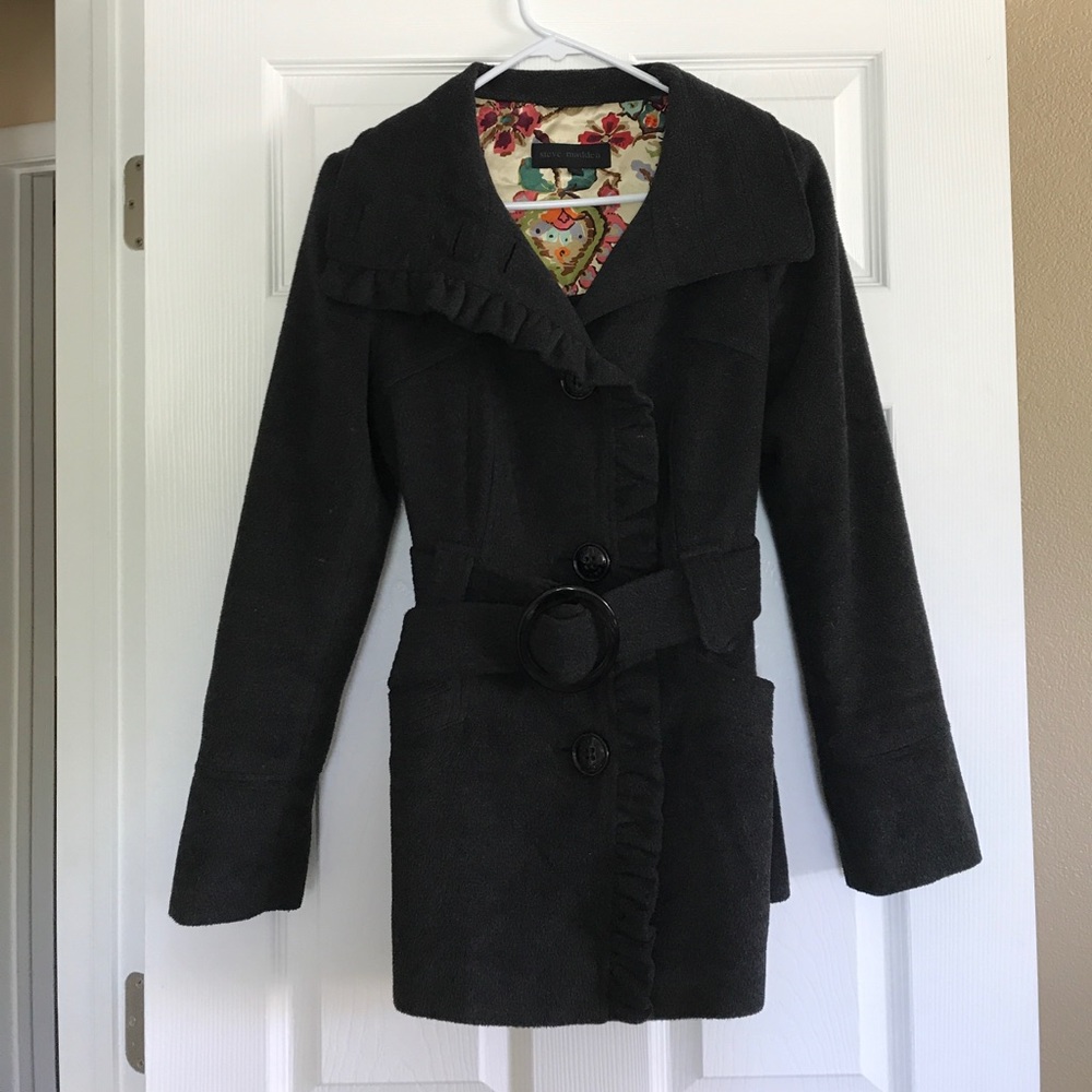 Steve Madden Ruffled Black/Charcoal Tie Coat