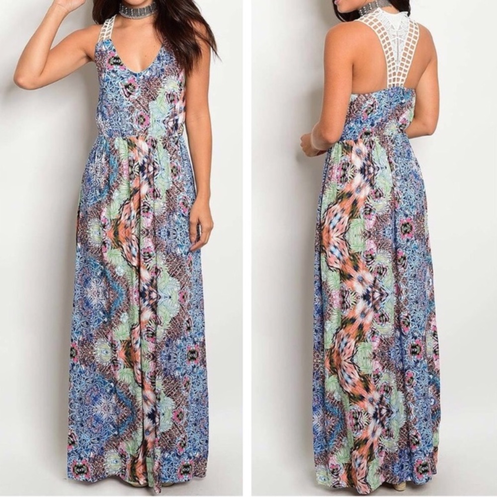 Multi-colored Maxi Dress with crocheted details Size small