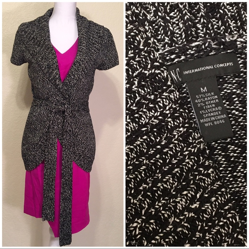 Black & White Silk/Rayon Blend Belted Cardigan