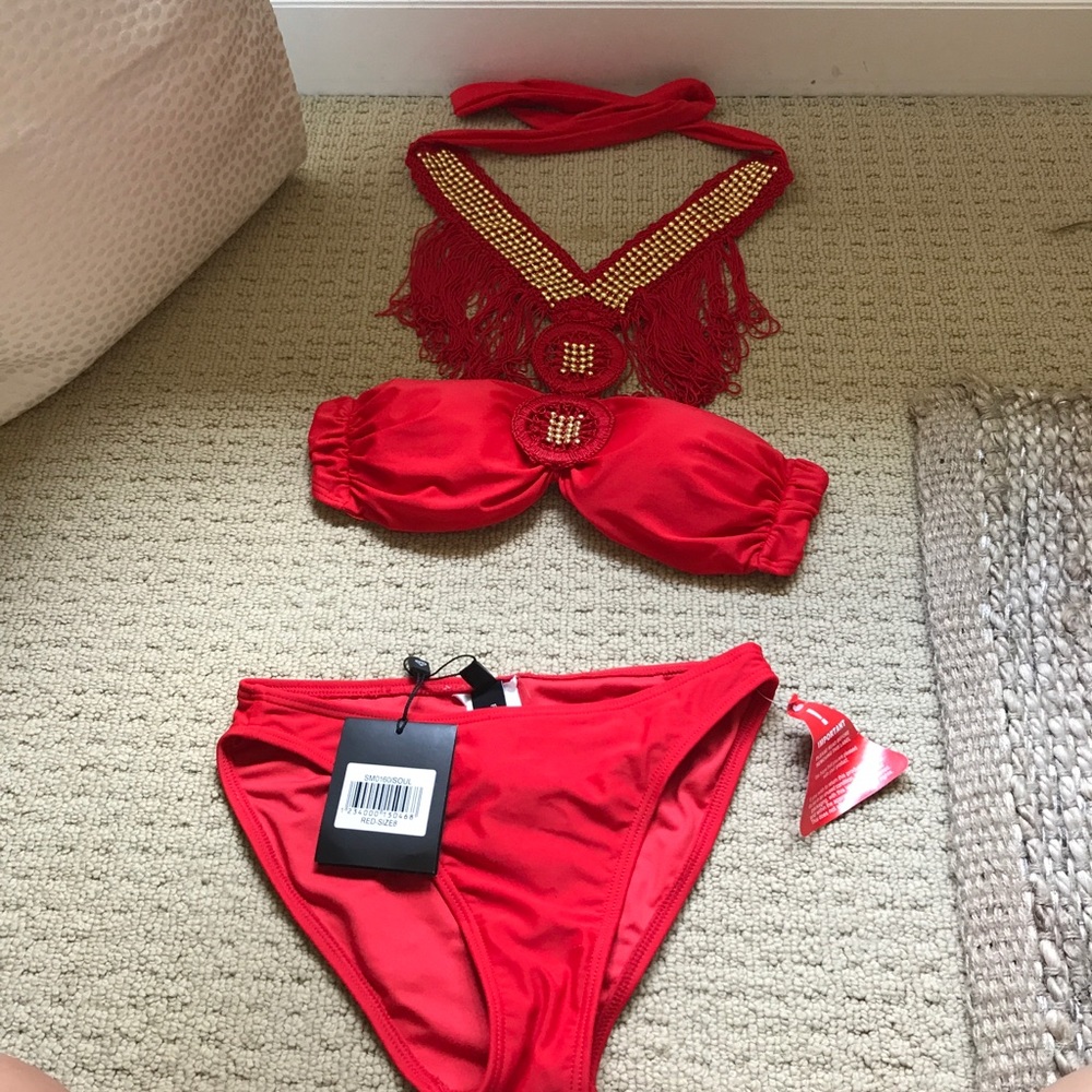 Red asos embellished bikini top and bottom