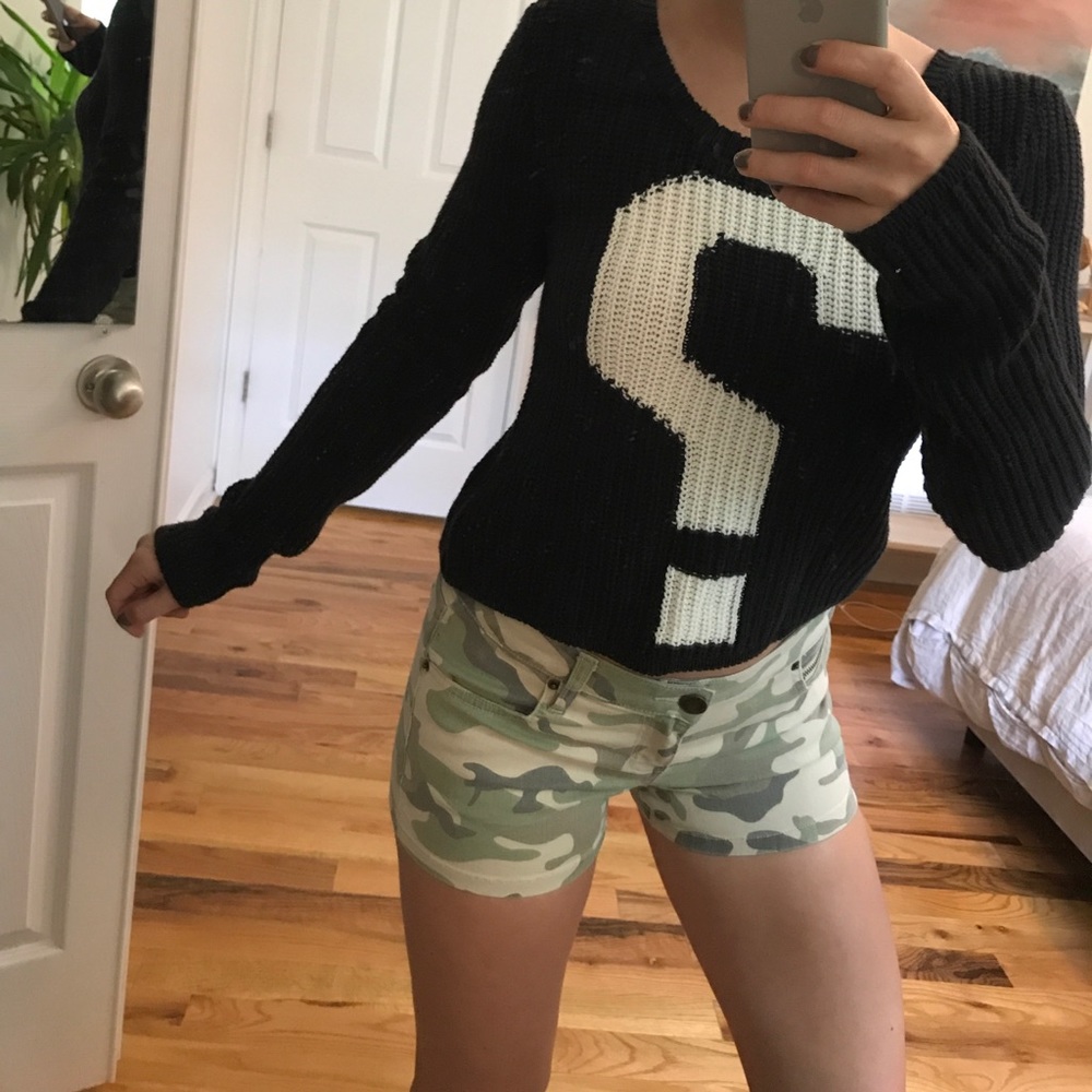 Knit Crop top + camo shorts.