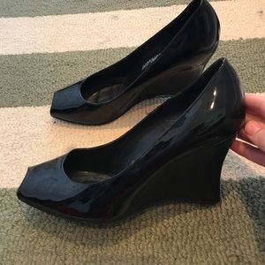 Delman Black patent leather wedges