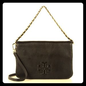 Tory Burch Thea FoldOver Leather Clutch-Black-