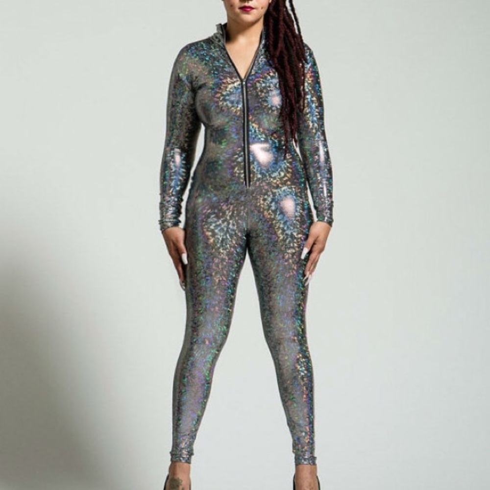 Laser Holographic Spandex Hooded Bodysuit