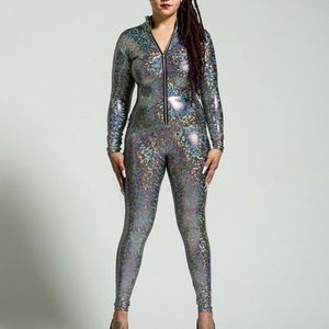 Laser Holographic Spandex Hooded Bodysuit
