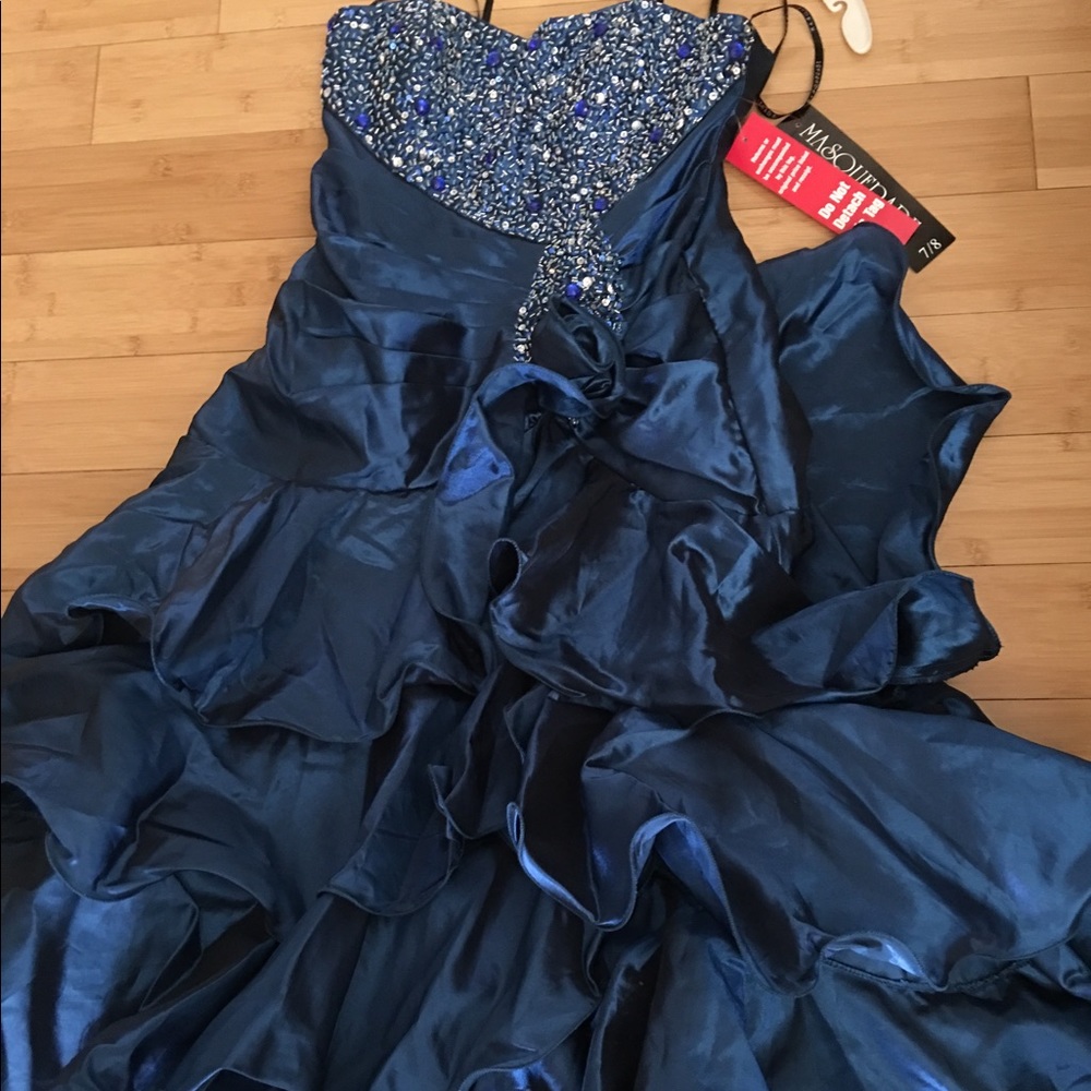 Blue Strapless rhinestone ruffle PROM dress gown