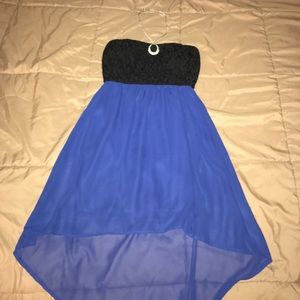 Blue and black strapless dress