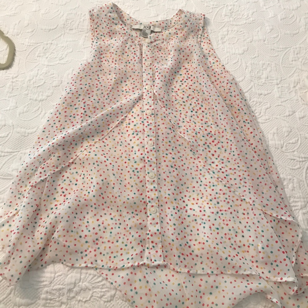 Pink, blue, and yellow polka dotted (small) blouse