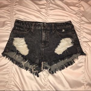 Dark Distressed/Destroyed High Rise Denim Shorts