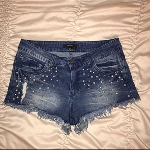 High Waist Cut-Off Denim Shorts with Pearl Beading