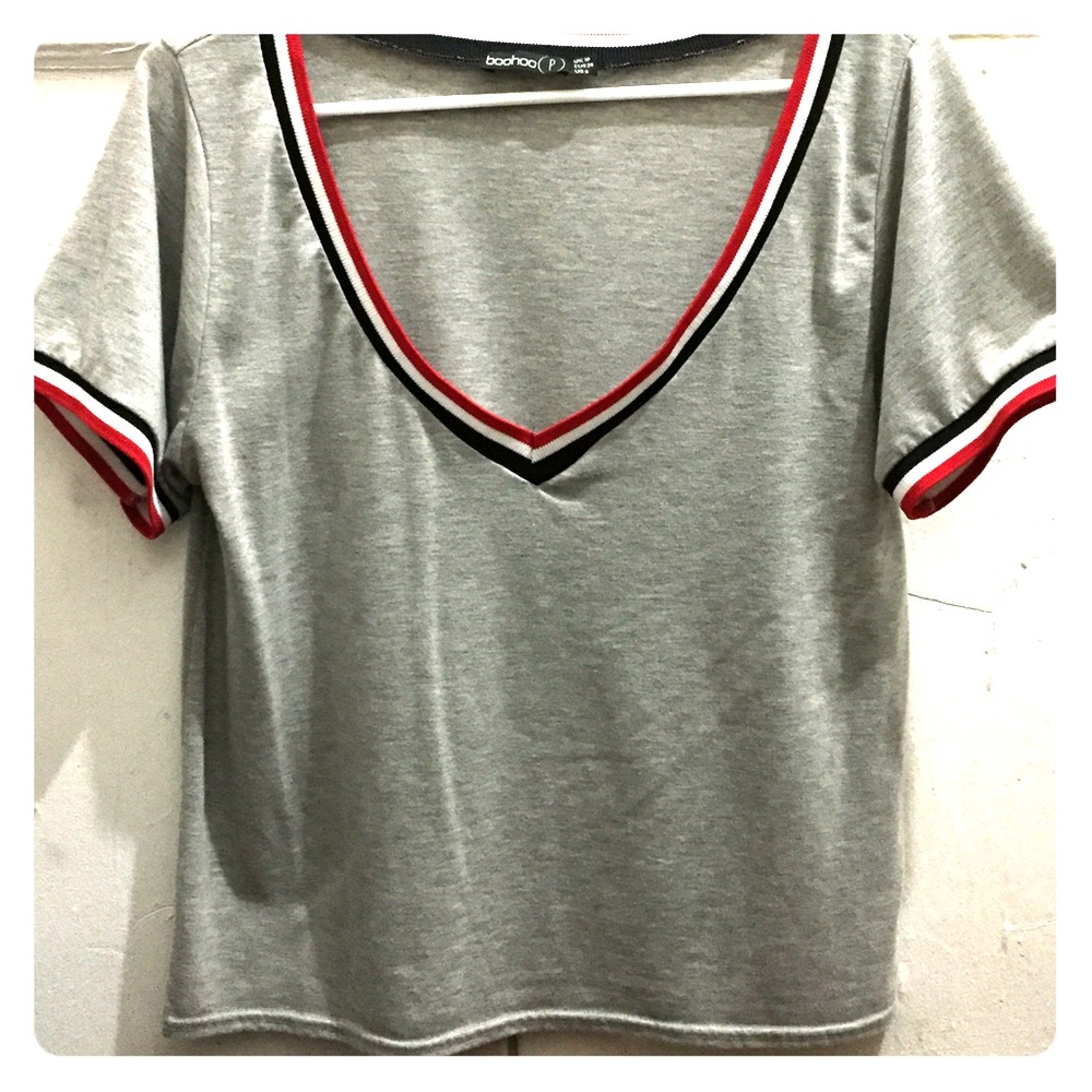 Red,black, and white striped grey shirt