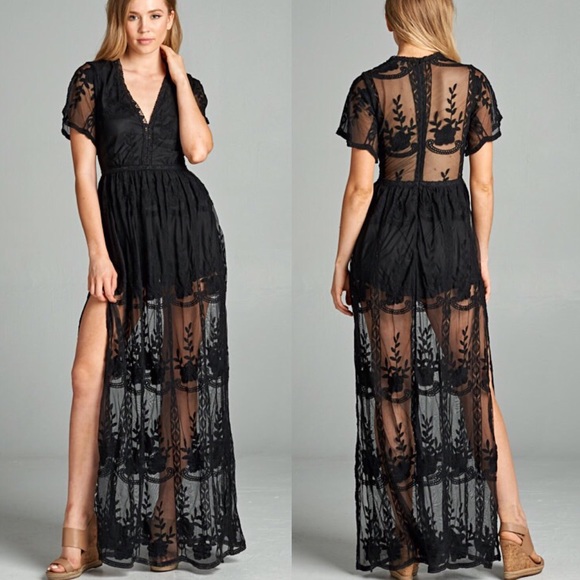 Pink Peplum Boutique Dresses & Skirts - 🆕 Plunging deep V neckline lace maxi romper dress