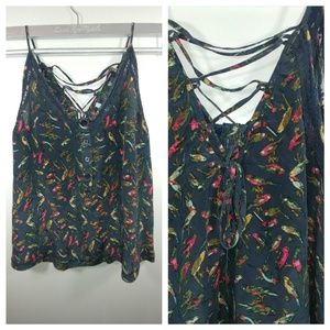 UO Kimchi Blue silk lace down back bird print top