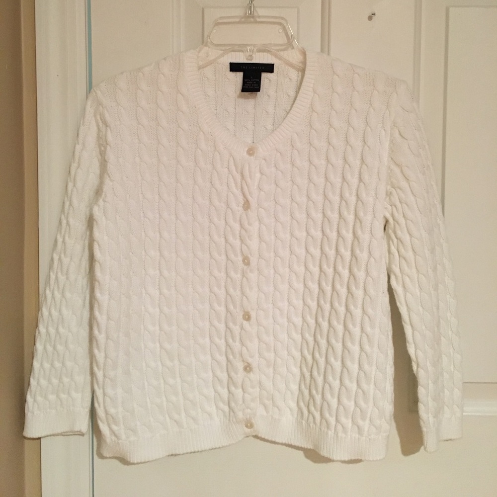 White Cable Knit Cardigan 3/4 Length Sleeves - L