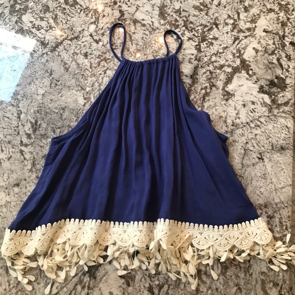 Blue shirt with white lace/fringe bottom
