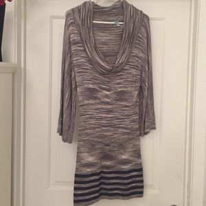 Gray/white light sweater dress with deep cowl neck