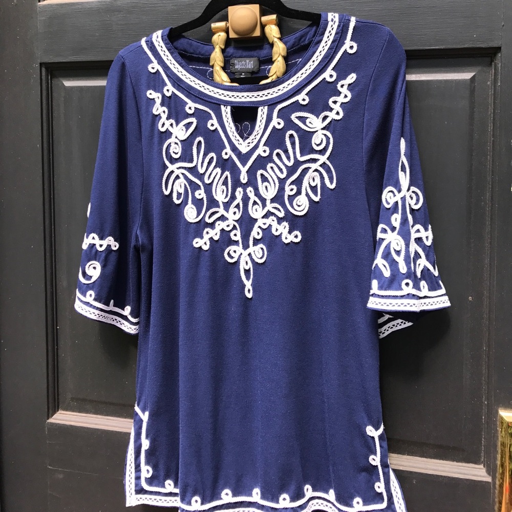 Navy top w white ribbon detail. Cover Up. Tunic