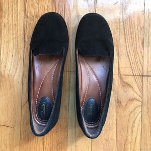 Clarks black suede loafers