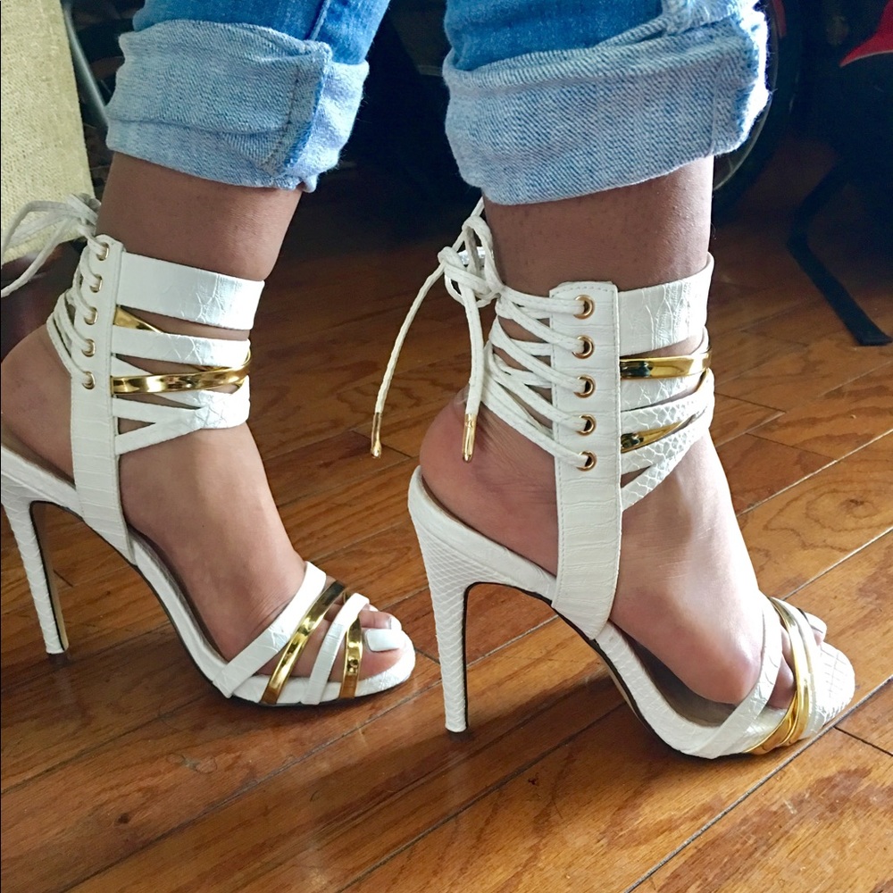 White & Gold High Heeled Sandals 8.5