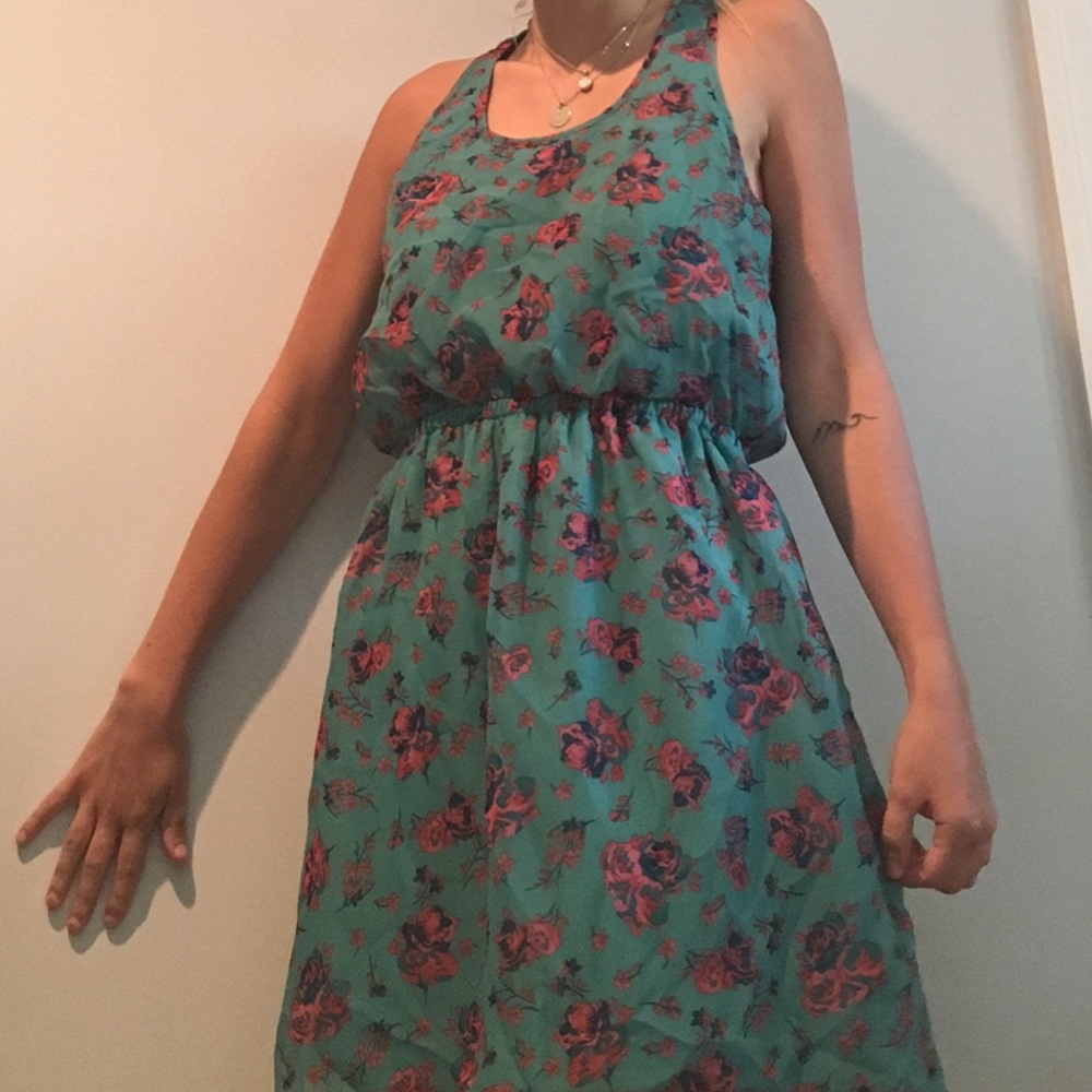 turquoise dress with pink floral designs !