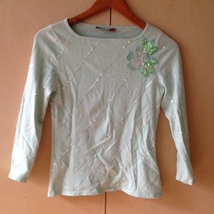 Belldini mint green sequined knit top size S nice!