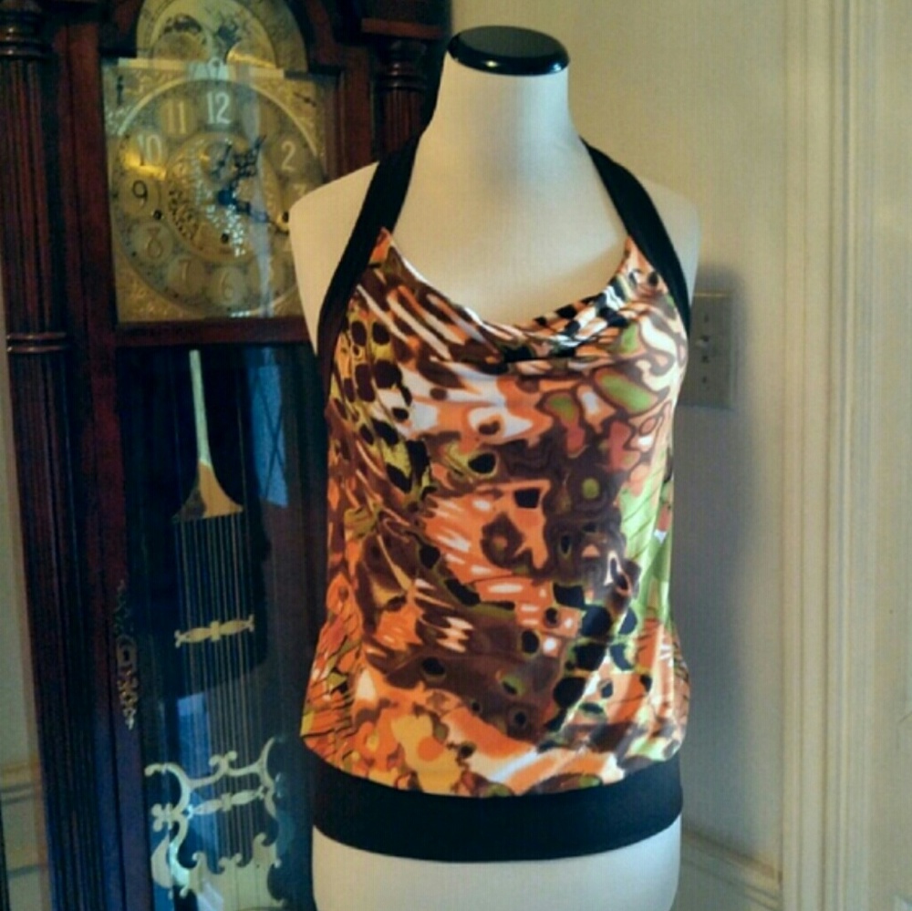 Silky Halter Top in Brown, Orange & Green Print