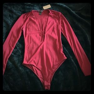 Forever 21 long sleeve maroon plunge bodysuit S