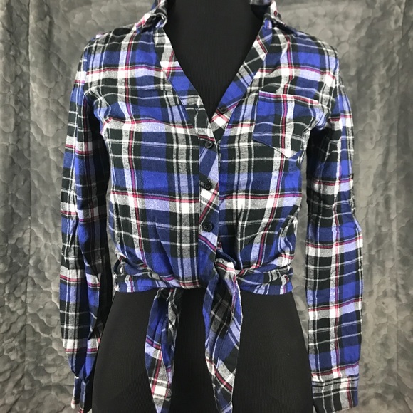 Bongo Flannel Plaid Crop Lace Back Tie Top Small - Picture 5 of 7