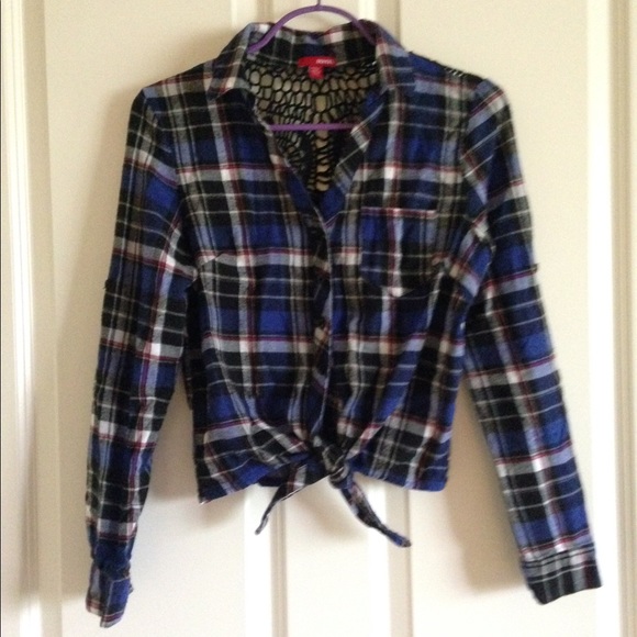 Bongo Flannel Plaid Crop Lace Back Tie Top Small - Picture 2 of 7