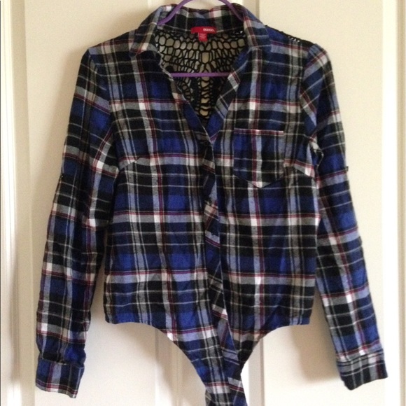 Bongo Flannel Plaid Crop Lace Back Tie Top Small - Picture 3 of 7