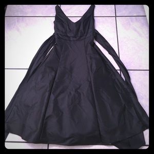 Black V Neck Bow Tie Back Tea Length Satin Dress