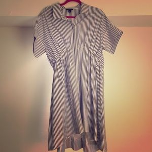 Blue Stripe Poplin Gathered Waist Dress