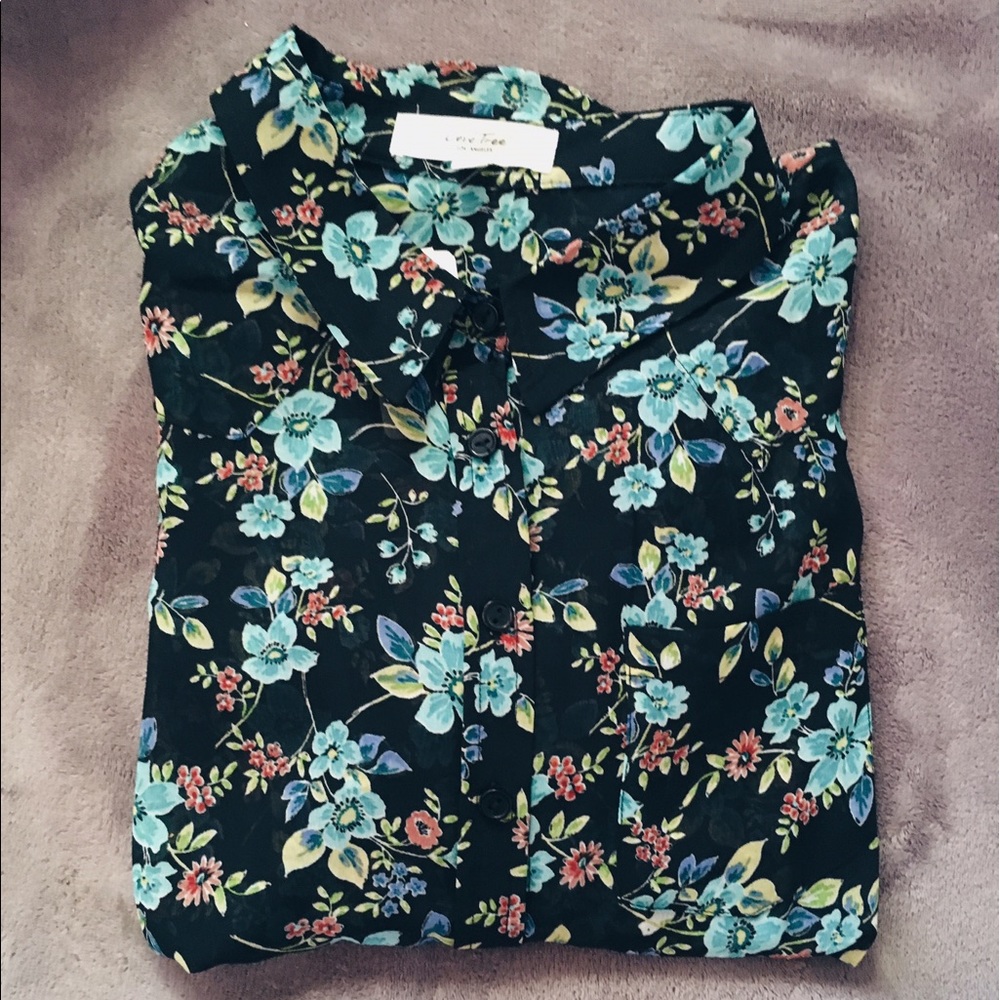 Woven Long Sleeve Black Flower Pattern Shirt Sheer