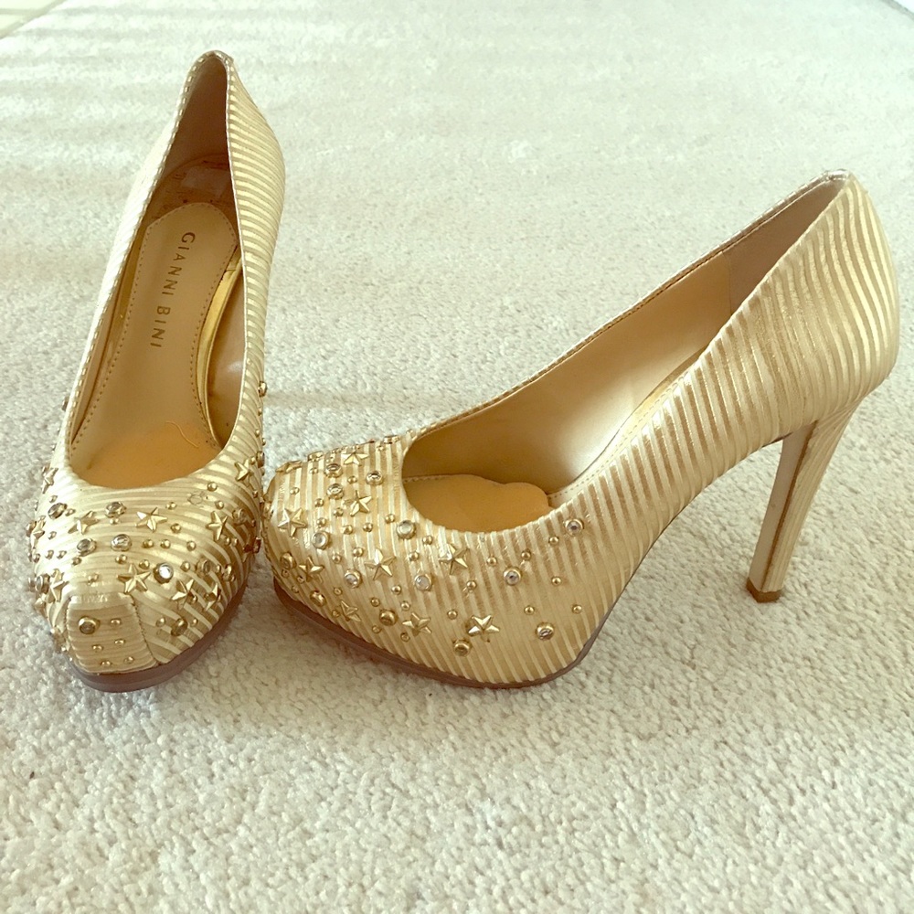 Gold & cream striped, embellished platform heels
