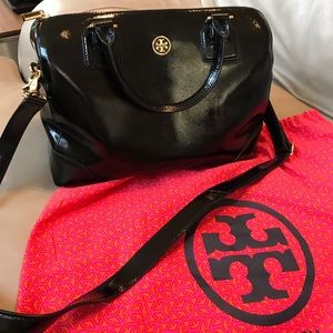 Tory Burch Barrel Satchel in black patent