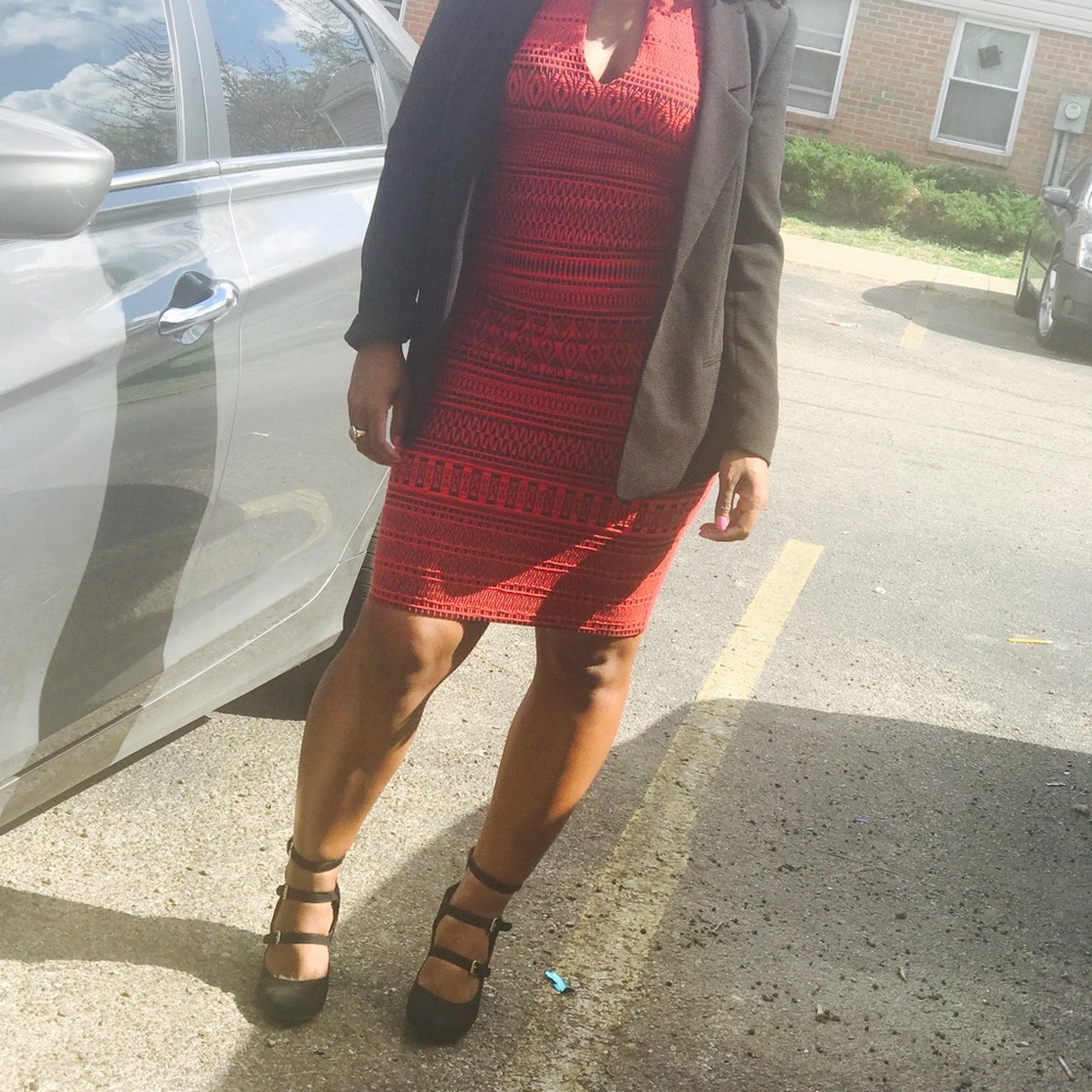 Red and black bodycon dress with slip
