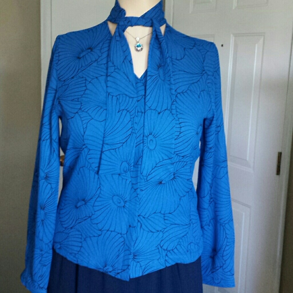 Blue Front Button Blouse with Neck Tie