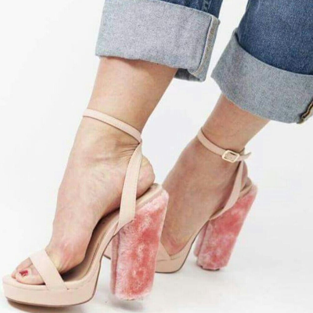 Pink Furry Heel Sandals