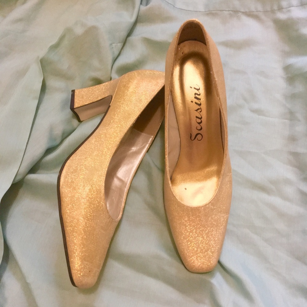 Holographic, pale gold, vintage, chunky heels.