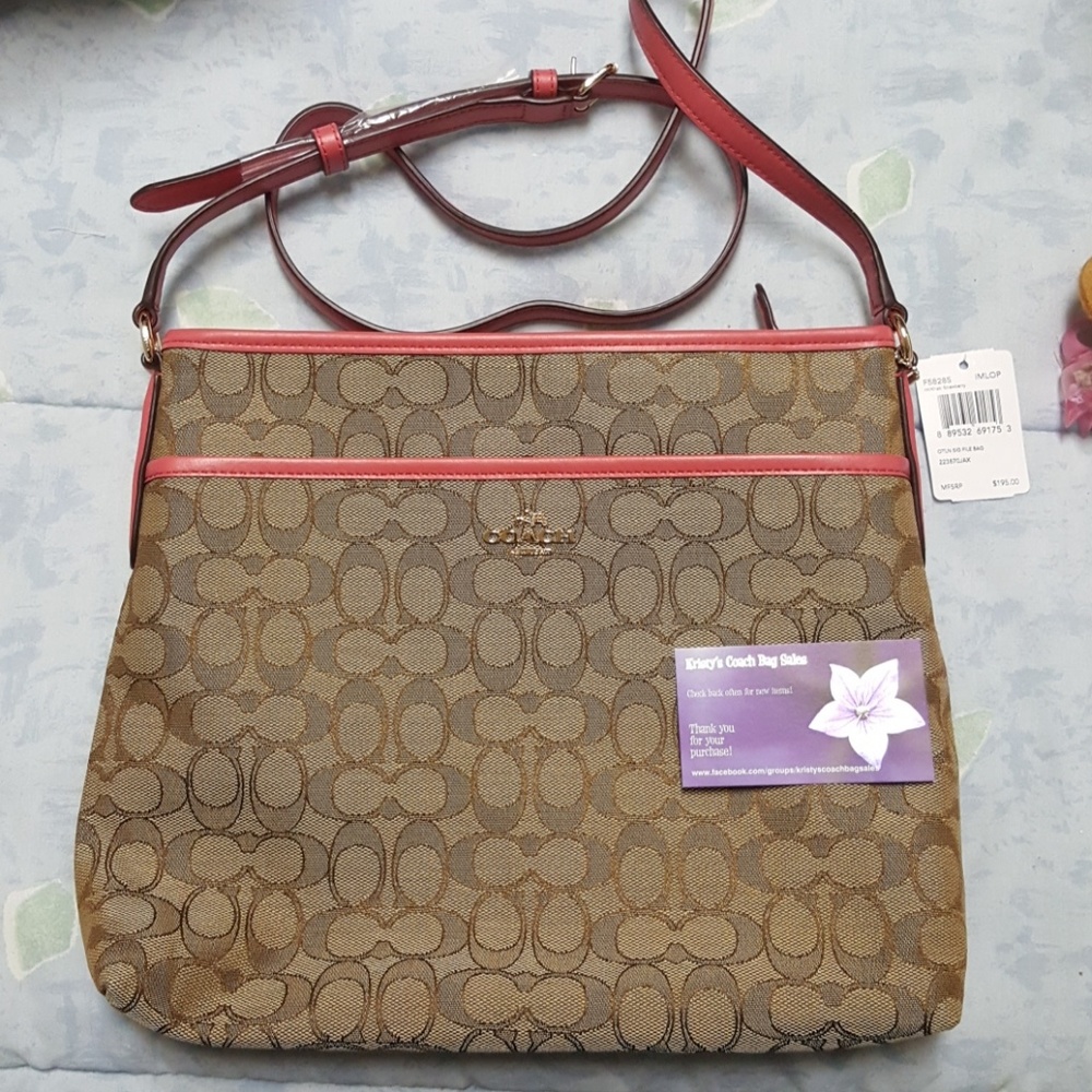 NWT Coach signature file bag in khaki/strawberry