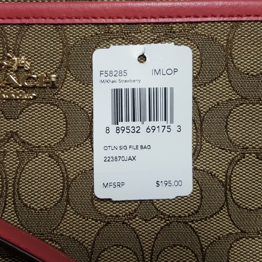 NWT Coach signature file bag in khaki/strawberry - Picture 7 of 7