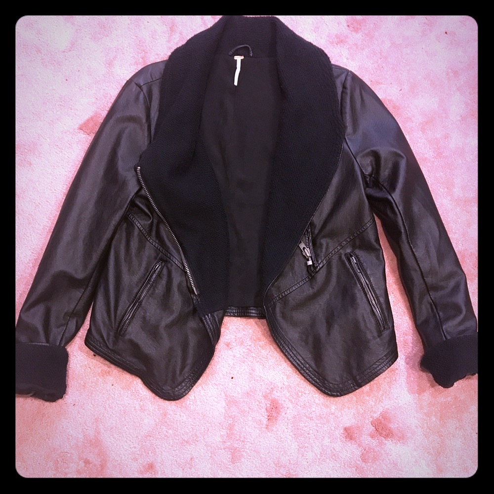 Free People Black Crop Faux Leather Jacket Size 8