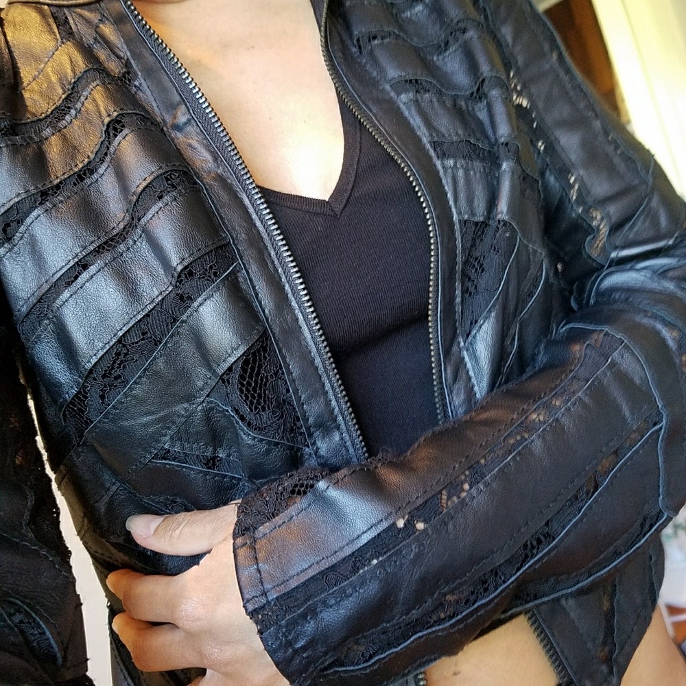 Blanc Noir leather & lace bandage crop jacket